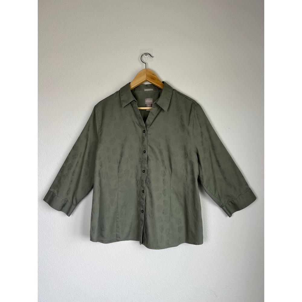 Chicos Sz 3 Sage Green Leaf Jacquard Button Up Shirt Wrinkle Resistant Cotton XL